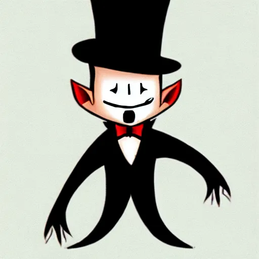 Image similar to a small vampire with a top hat in the style of cupehead old cartoon