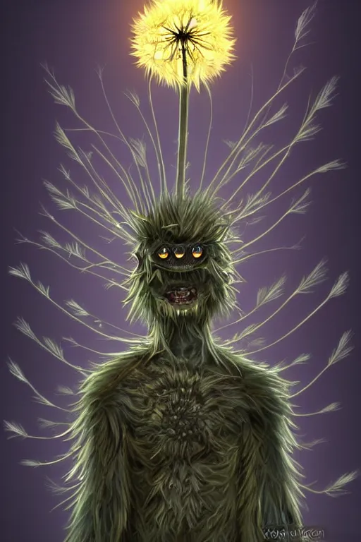 Image similar to a humanoid figure dandelion monster with large glowing eyes, highly detailed, digital art, sharp focus, trending on art station, artichoke, ambient lighting, anime art style