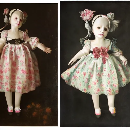 Image similar to 8 k, realism, tonalism, renaissance, rococo, baroque, cotton candy, portrait of a creepy young lady wearing long 1 9 7 0 s babydoll dress with flowers and skulls