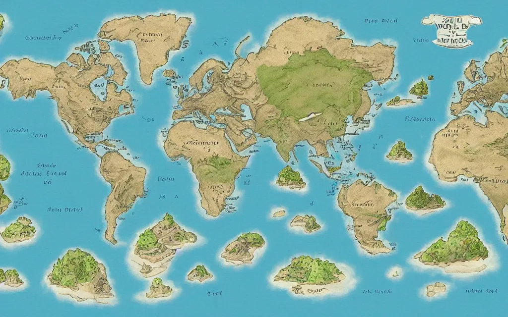 Image similar to a world map for a new fantasy land, topographical view with forests, lakes, oceans, seas, mountains, and other terrains