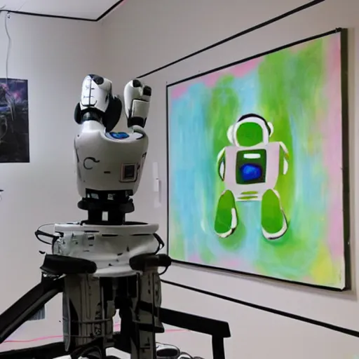 Prompt: a photograph of robot painting a picture, it looks at the camera, paint everywhere on the walls