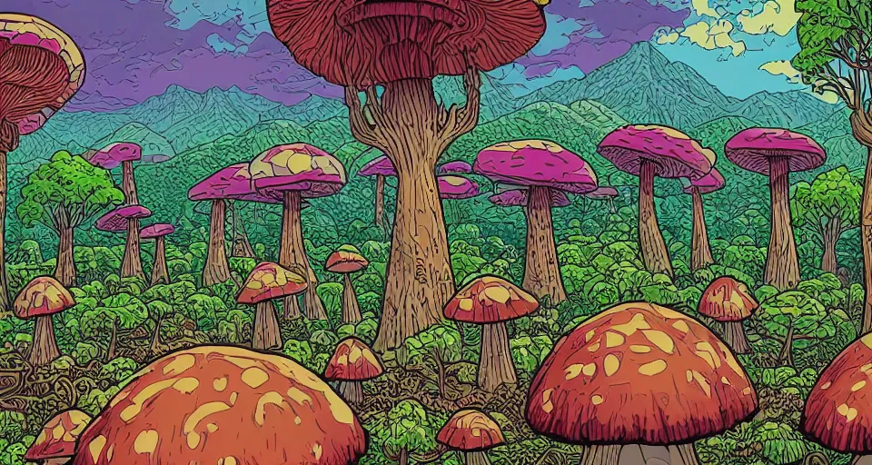 Prompt: A tribal village in a forest of giant mushrooms, by Dan mumford,