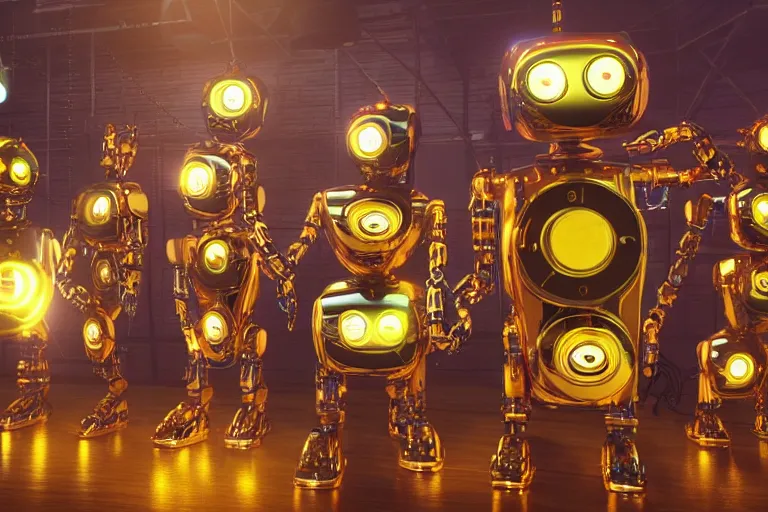 Prompt: scene from the voice of america, 7 golden and blue metal humanoid steampunk robots dancing, robots are wearing and gears and tubes, eyes are glowing red lightbulbs, shiny crisp finish, 3 d render, 8 k, insaneley detailed, fluorescent colors, nightlight