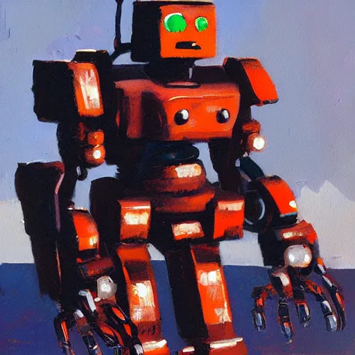 Image similar to oil painting of a robot with decals by ashley wood