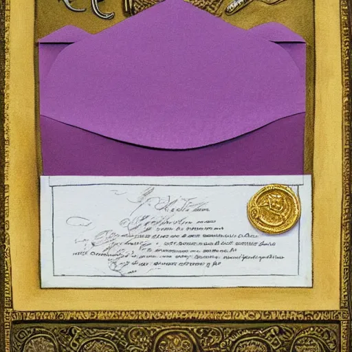 Prompt: close - up lilac envelope letter stamped with a wax seal with an octopus emblem, intricate hyper detailed ultra sharp, sharp focus, global illumination, painting, museum, masterpiece, vermeer, radiant light, 4 k, ultra hd,