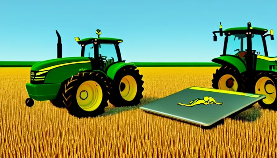 Prompt: beautiful Sphinx writing code on a laptop for an important project in a corn field with a john deere tractor, dynamic lighting, digital art