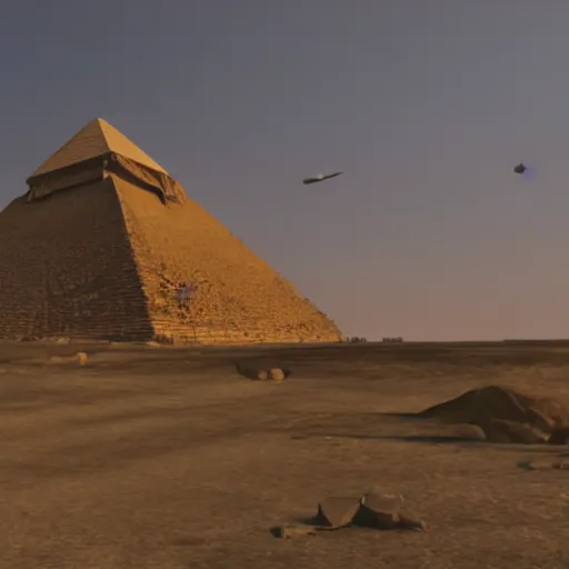 Image similar to archeological dig reveals wrecked alien spacecraft in egypt, pyramids in background, artstation