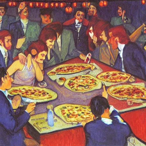 Image similar to a bunch of disco vampires eating pizza in tel aviv by monet