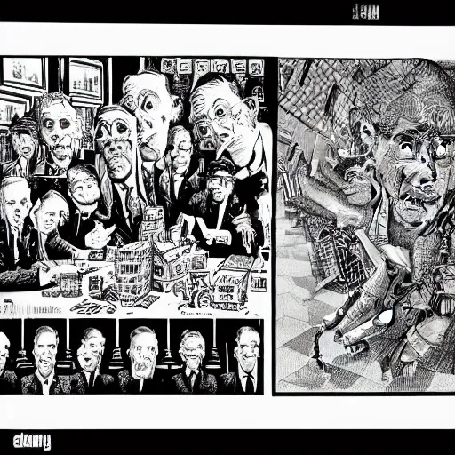 Image similar to a six panel pen and ink surrealist comic strip robert crumb jack davis mc escher masterpiece perfect composition very strange - w 1 0 2 4