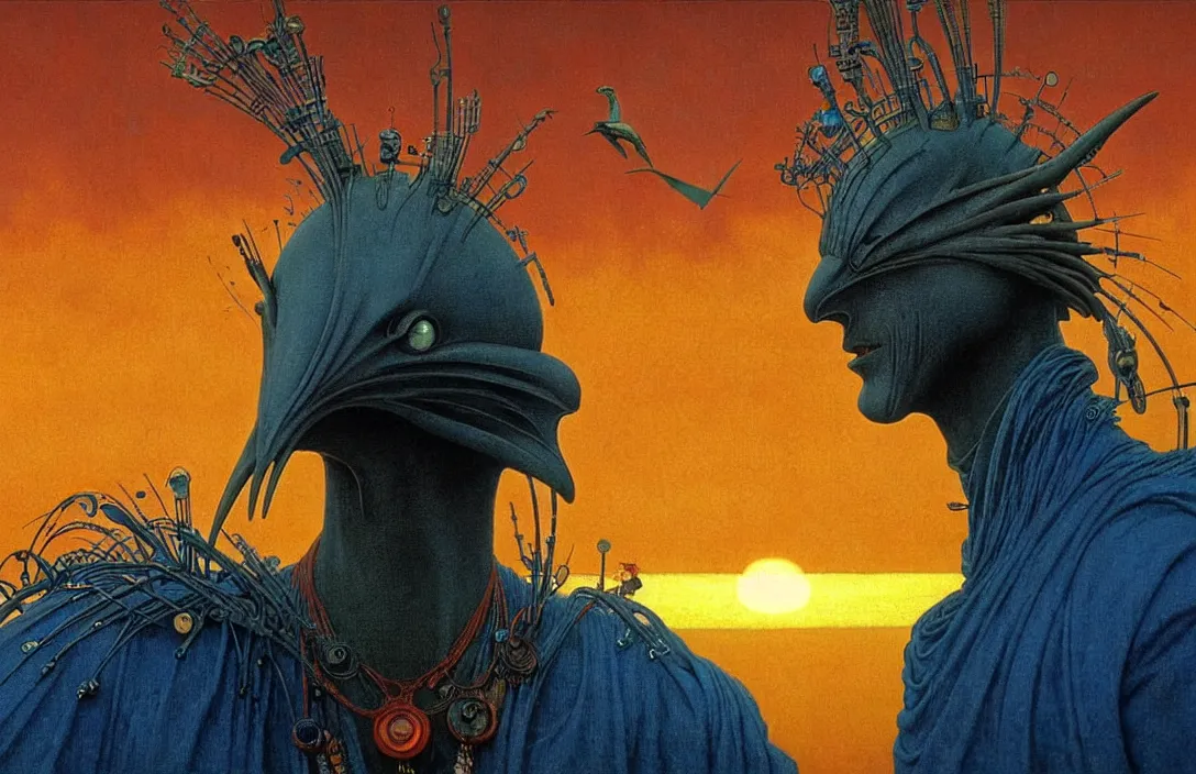 Image similar to realistic detailed portrait movie shot of a birdman wearing dark ragged robes, futuristic city sunset landscape background by denis villeneuve, amano, yves tanguy, alphonse mucha, ernst haeckel, max ernst, roger dean, ridley scott, dynamic closeup composition, rich moody colours, blue eyes