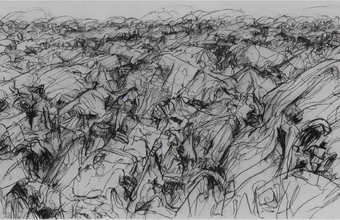 Image similar to milt kahl sketch of world war 1 trenches with the city of miami in the background