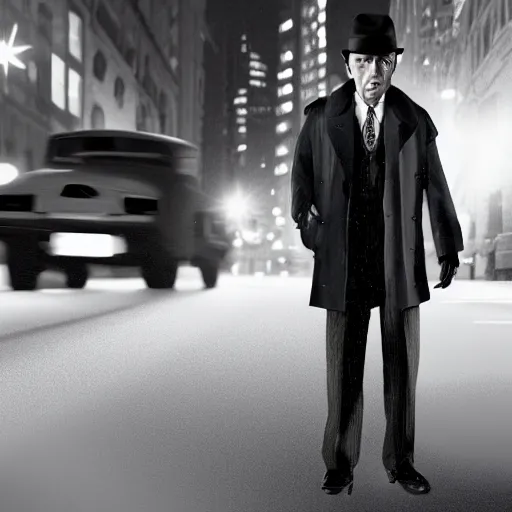Prompt: a picture of a man with the face of humphrey bogart, wearing a 1 9 4 0's noire detective outfit with fedora and trench coat, standing in the streets of chicago at night, detailed unblurred face, 4 k octane render highly realistic digital painting