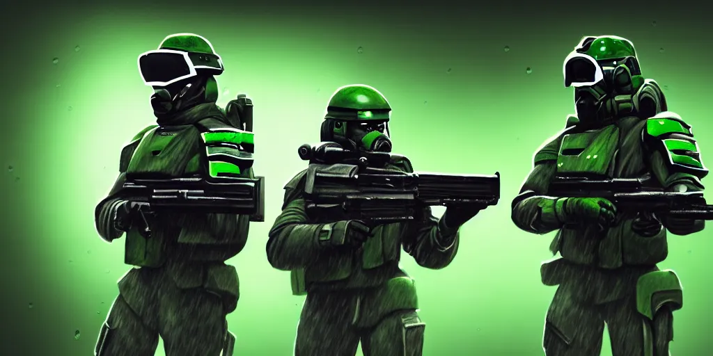 Prompt: A detailed sketch of two guerilla soldiers with green plasma rifles with revolver drums wearing grey armour with dark green stripes and full helmets with dark green visors, night, rain, water drops on the lense, a complicated black spaceship with green lights in the background, realistic 4k octane beautifully detailed render, 4k post-processing, highly detailed, intricate complexity, epic composition, magical atmosphere, cinematic lighting, masterpiece, ultra hd