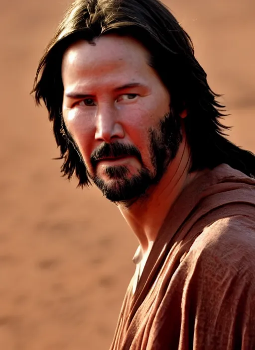 Prompt: close - up keanu reeves as a jedi, a red sand desert, moody lighting, 8 k, shallow depth of field, intricate detail,