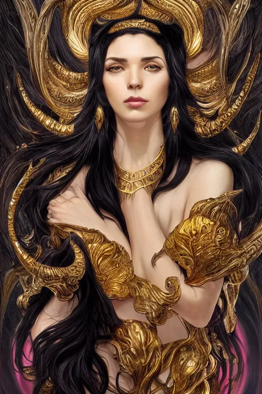 Prompt: fullbody!! of a beautiful woman with long black hair, big natural horns on her head, flowing intricate dress, gold jewellery, dnd, face, fantasy, intricate, elegant, highly detailed, digital painting, artstation, concept art, smooth, sharp focus, illustration, art by artgerm and greg rutkowski and alphonse mucha