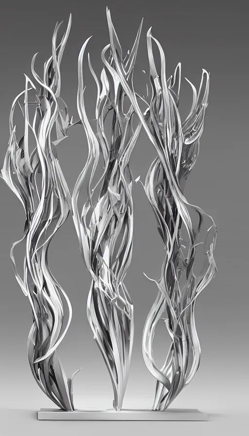 Image similar to a set of metal fire sculptures on a white background, a computer rendering by zaha hadid, polycount, kinetic art, made of liquid metal, airbrush art, hard surface modeling