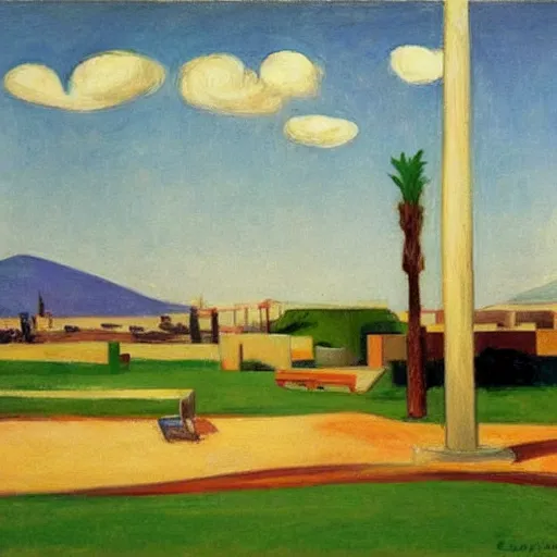 Image similar to a kibbutz in israel by edward hopper