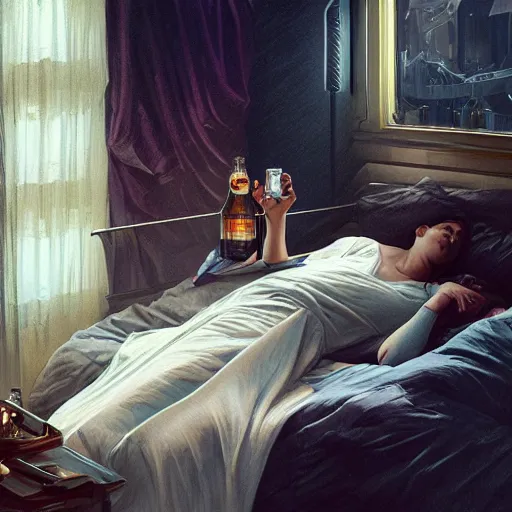 Image similar to young man in tinfoil hat and a girl sleeping in bed close to guinness bottles highly detailed, digital painting, artstation, concept art, smooth, sharp focus, illustration, art by artgerm and greg rutkowski and alphonse mucha