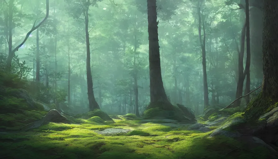 Image similar to A highly detailed matte oil painting of a forest by Mokoto Shinkai, hyperrealistic, breathtaking, beautiful composition, by Artgerm, by beeple, by Studio Ghibli, volumetric lighting, octane render, 4K resolution, trending on artstation