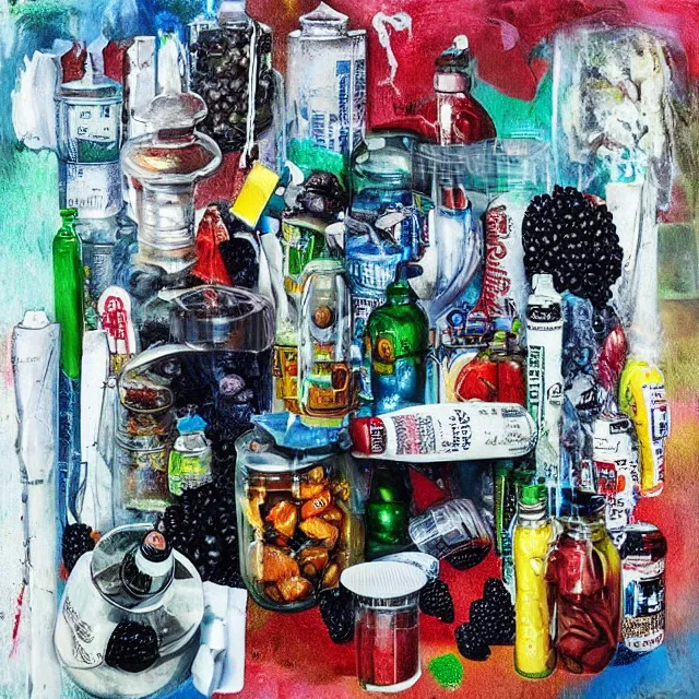 Prompt: “ pharmacy, street hawkers, medical supplies, pills and medicine, medicinal herbs, a candle dripping white wax, squashed berries, berry juice drips, acrylic and spray paint and oilstick on canvas, surrealism, neoexpressionism ”