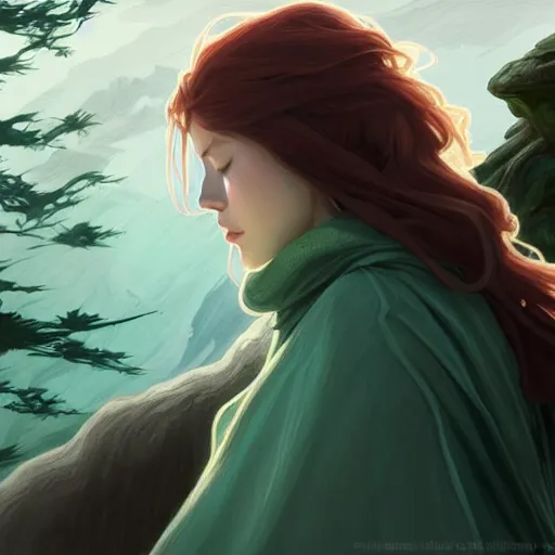 Image similar to wide angle, cloaked woman, sleeping on rock in river, white green brown blue color palette, eyes closed, forest, female, d & d, fantasy, intricate, elegant, highly detailed, long red hair, digital painting, artstation, octane render, concept art, matte, sharp focus, illustration, hearthstone, art by artgerm, alphonse mucha johannes voss