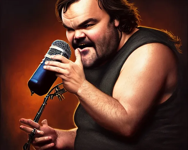 Image similar to photography of jack black singing the best song in the world in a microphone, deep focus, d & d, fantasy, intricate, elegant, highly detailed, digital painting, artstation, concept art, matte, sharp focus, illustration, hearthstone, art by artgerm and greg rutkowski and alphonse mucha