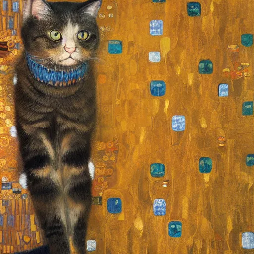 Image similar to cat sitting, Gustav Klimt, concept art, sharp, octane render, oil painting