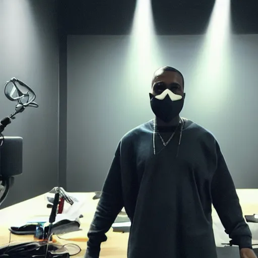 Prompt: a photo of Kanye West wearing a mask in the studio, 8K concept art, shot on IPhone 6, slightly blurry