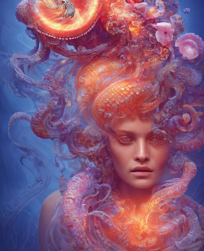 Prompt: head shot intricate portrait of the face of a beautiful princess mixed with skull and jellyfish and phoenix bird and giant orchid flower and giant gladiola and surrounded by smoke and water energy flow. translucent nautilus, highly detailed. octane render, excellent composition, by greg rutkowski
