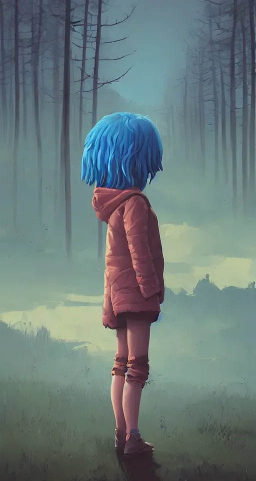 Prompt: little angry girl with blue hair, art by Simon Stalenhag, trending on Artstation, CGSociety
