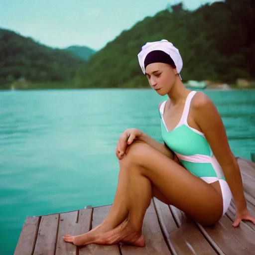 Image similar to a film photograph of a woman slender, wearing a mint green one-piece swimsuit, wearing a white bathing cap, sitting on a wooden dock, low angle and side profile, far shot, Kodak Portra 800, Kodak film photography