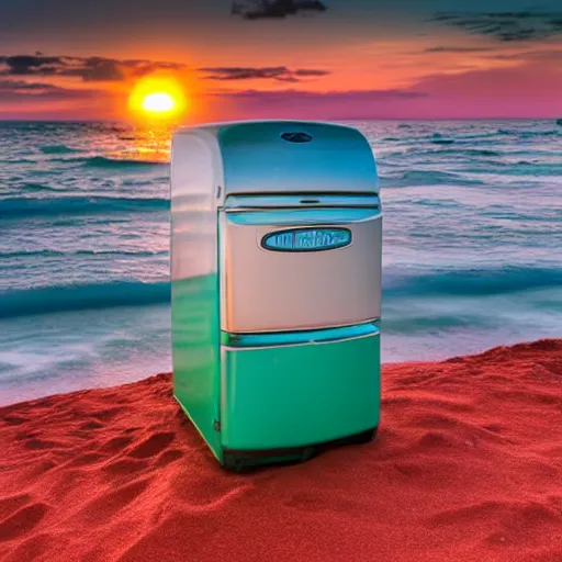 Image similar to purple refrigerator on red sand beach, green ocean and nebula sunset