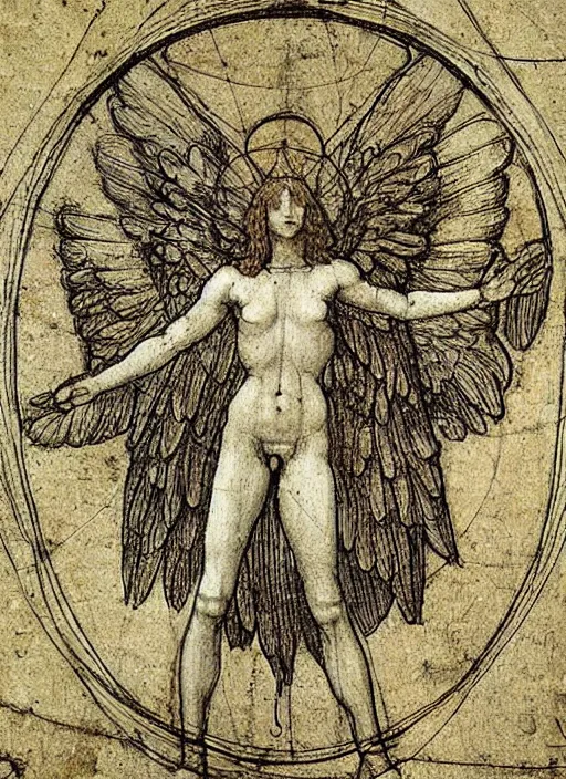 Prompt: Vitruvian female angel by Leonardo Davinci