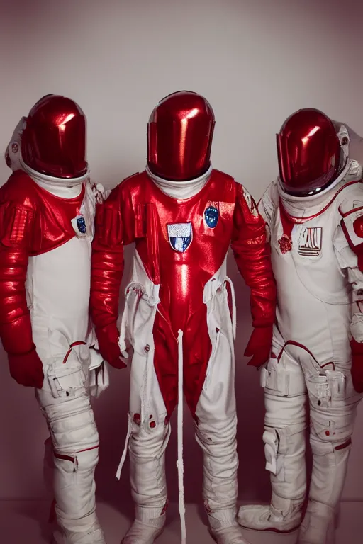 Image similar to photography of red and white space suits designed for knights templar, golden linings, photo shoot, by annie leibovitz, sigma 85mm 1.4, glows, sharp, high contrast, octane render