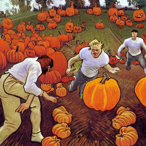 Image similar to painting of arkansas razorbacks playing football with pumpkins at the halloween! party, bubbling cauldron!, candles!, graveyard, gravestones, ghosts, smoke, autumn! colors, elegant, wearing suits!, clothes!, delicate facial features, art by alphonse mucha, vincent van gogh, egon schiele