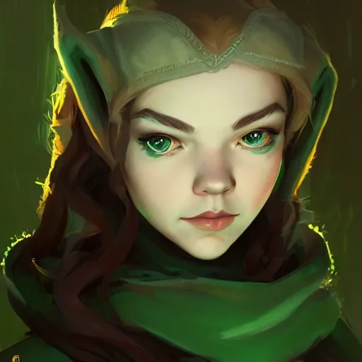 Image similar to Portrait of Anya Taylor-Joy as an elf ranger, pale green hooded cloak, lord of the rings, mattepainting concept Blizzard pixar maya engine on stylized background splash comics global illumination lighting artstation lois van baarle, ilya kuvshinov, rossdraws