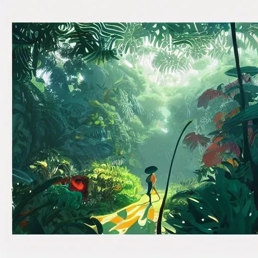 Prompt: painting of the jungle by victo ngai and malika favre, by rhads, makoto shinkai, madgwick, masterpiece, contest award winner