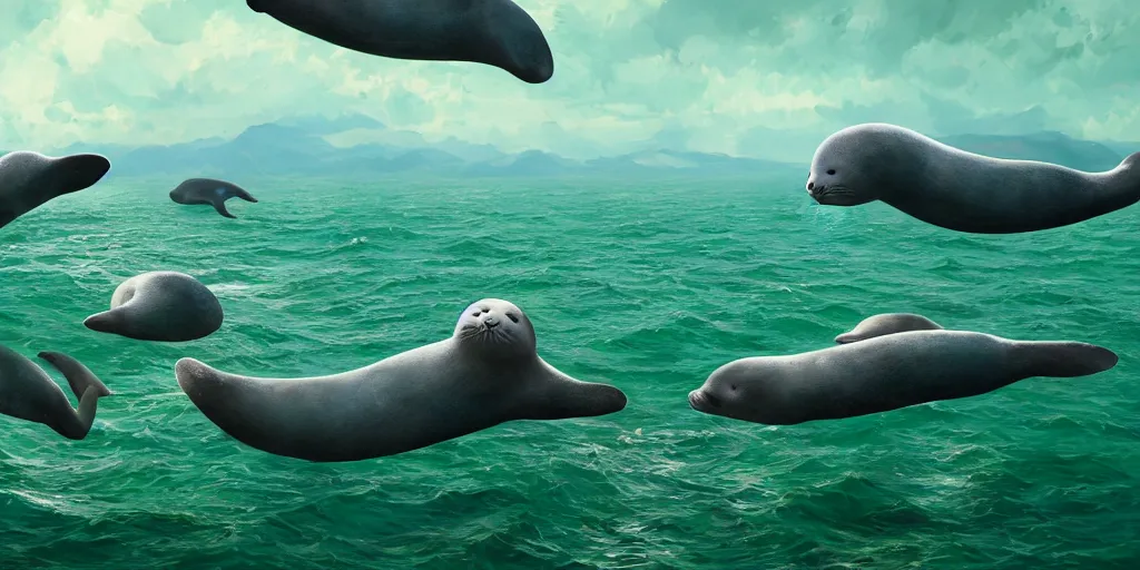 Prompt: Floating happy seals over a green ocean, Darek Zabrocki, Karlkka, Jayison Devadas, Phuoc Quan, trending on Artstation, 8K, ultra wide angle, pincushion lens effect.