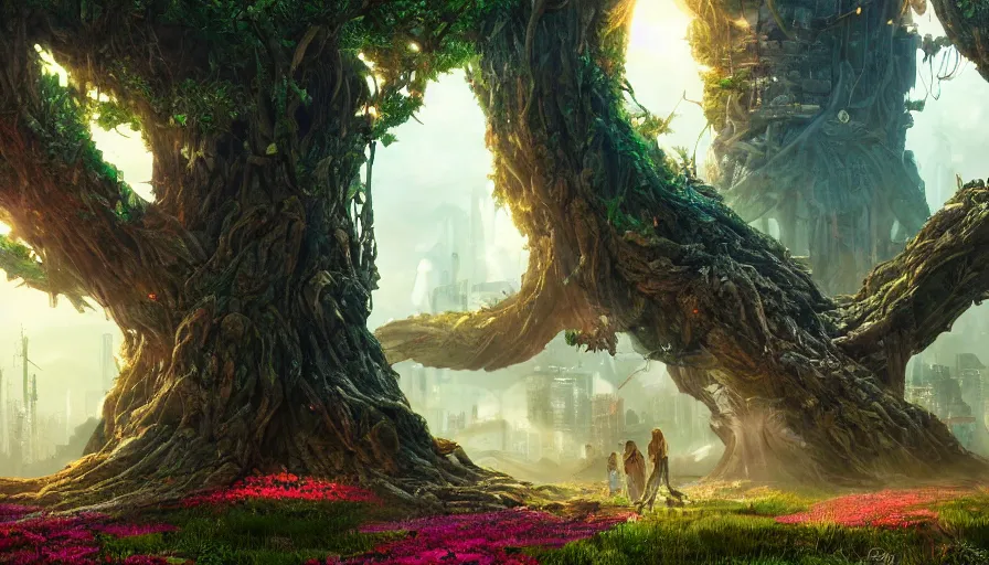 Image similar to ben lo illustration of the largest tree in the world inside rapture, bioshock concept art, solarpunk, hopeful, colorful, flowers, deity, unreal engine, hyper realism, realistic shading, cinematic composition, realistic render, octane render, detailed textures, photorealistic, wide shot