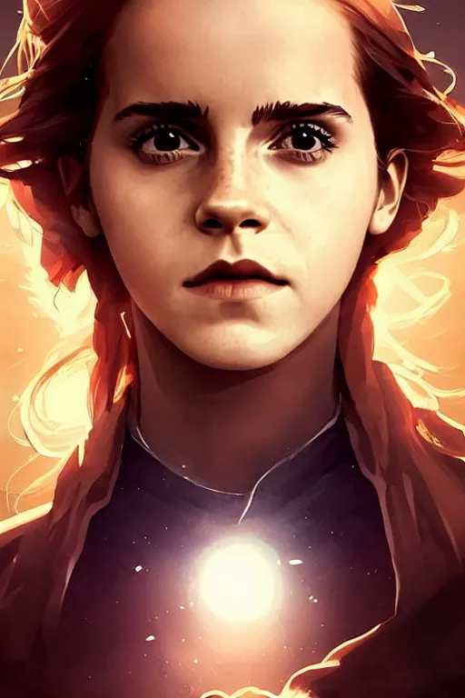 Image similar to Poster artwork, Emma Watson as Hermione Granger, magnificent, medium shot, close up, details, sharp focus, elegant, highly detailed, illustration, by Jordan Grimmer and greg rutkowski and PiNe(パイネ) and 薯子Imoko and 香川悠作 and wlop!! and maya takamura, intricate, beautiful, Trending artstation, pixiv, digital Art