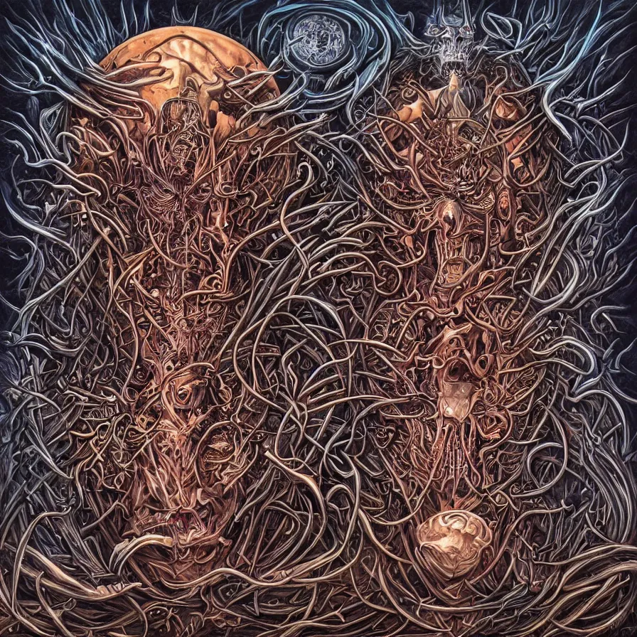 Prompt: metal album cover art by axel hermann, alex grey and andreas marschall