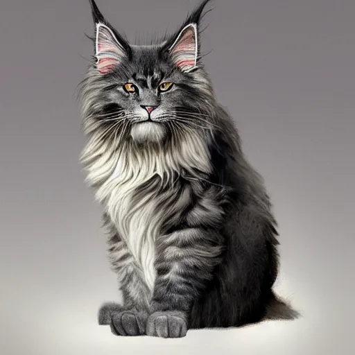 Image similar to a big old menacing dark grey maine coon cat with white belly, white paws and white face markings with long fur and fluffy tail, sitting, intricate, elegant, highly detailed, digital painting, artstation, concept art, matte, sharp focus, illustration, art by Artgerm and Greg Rutkowski and Alphonse Mucha