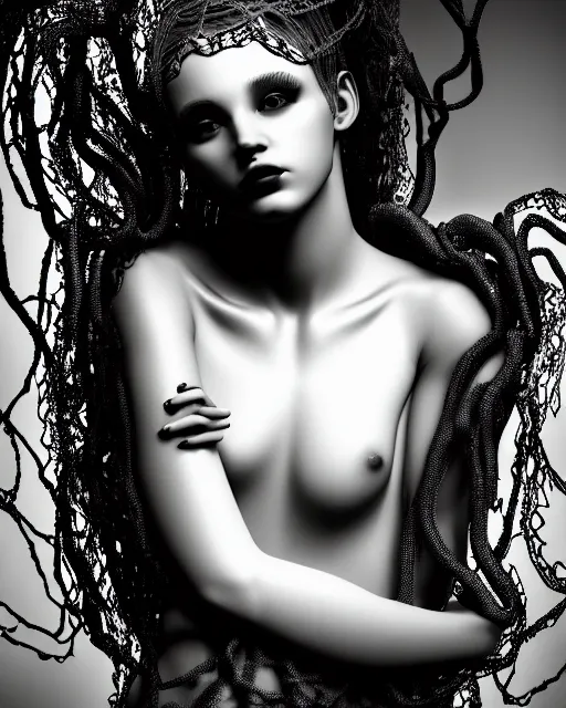 Image similar to surreal mythical dreamy dark artistic black and white fine art photo of a beautiful young female angel - medusa - mermaid - cyborg covered with translucent algae, highly detailed, lace web, rim light, cinematic, studio dramatic light, poetic, octane render, 8 k, photo - realistic, by floria sigismondi