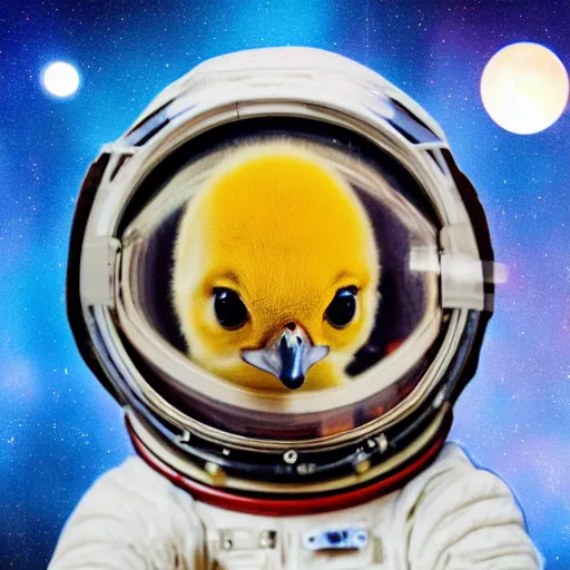 Image similar to very cute astronaut duckling face portrait realistic 5 0 mm lens cinematic realistic photo