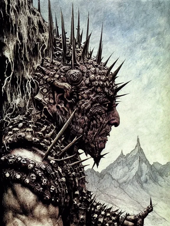 Image similar to A powerful large orc with pale skin covered in scars stands near the mountains, wearing spiky complex detailed armor without a helmet. Extremely high detail, realistic, fantasy art, scars, solo, masterpiece, saturated colors, art by Zdzisław Beksiński, Arthur Rackham