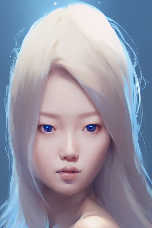 Image similar to Incredibly cute korean girl, blonde hair, blue eyes by Nuri iyem, James gurney, James Jean, Greg Rutkowski, highly detailed, trending on artstation, artstationHD, artstationHQ, 4k, 8k