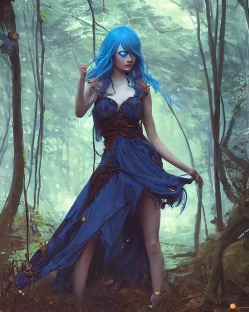 Image similar to stunningly beautiful female blue hair, emma stone face, antasy art, fae priestess, lush forest landscape, dark light night, sharp focus, digital painting, 8 k, concept art, art by wlop, artgerm, greg rutkowski and alphonse mucha