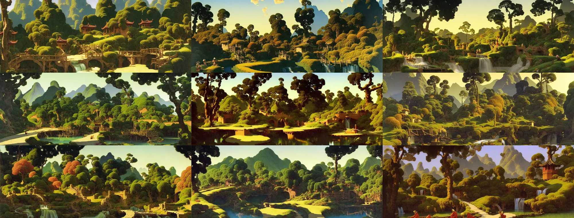 Prompt: a gorgeous landscape painting by barlowe wayne maxfield parrish and marco mazzoni. early spring morning. bench terrace. dead trees has just sprouted!! tyndall effec, light effect. chinese village. china waterwheel. the winding steps, waterfall from the mountain. ultra clear detailed. highly detailed, 3 d, octane render.