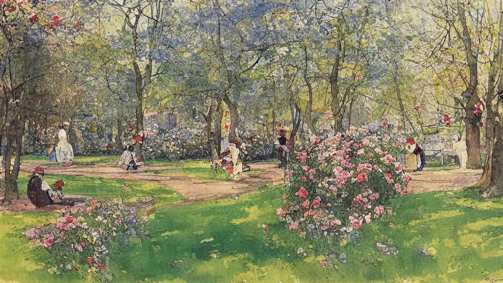 Prompt: gorgeous painting of a park in spring by carl larsson