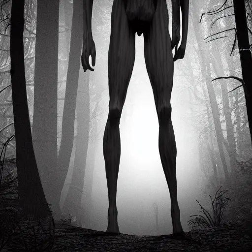 Image similar to photorealistic detailed tall skinny humanoid creature in a dark forest at night, extremly detailed, black and white, 8 k, realistic, sharp focus